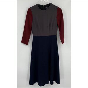 Front Row Sara Goldy colorblock dress fit flare gray wine navy midi modest 0